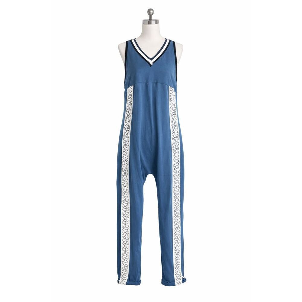 Free People Movement Day Trip Onesie Skyline Blue & White Lace Small